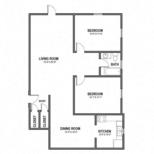 Floor plan for 2 beds, 1 bath, 1020 sqft